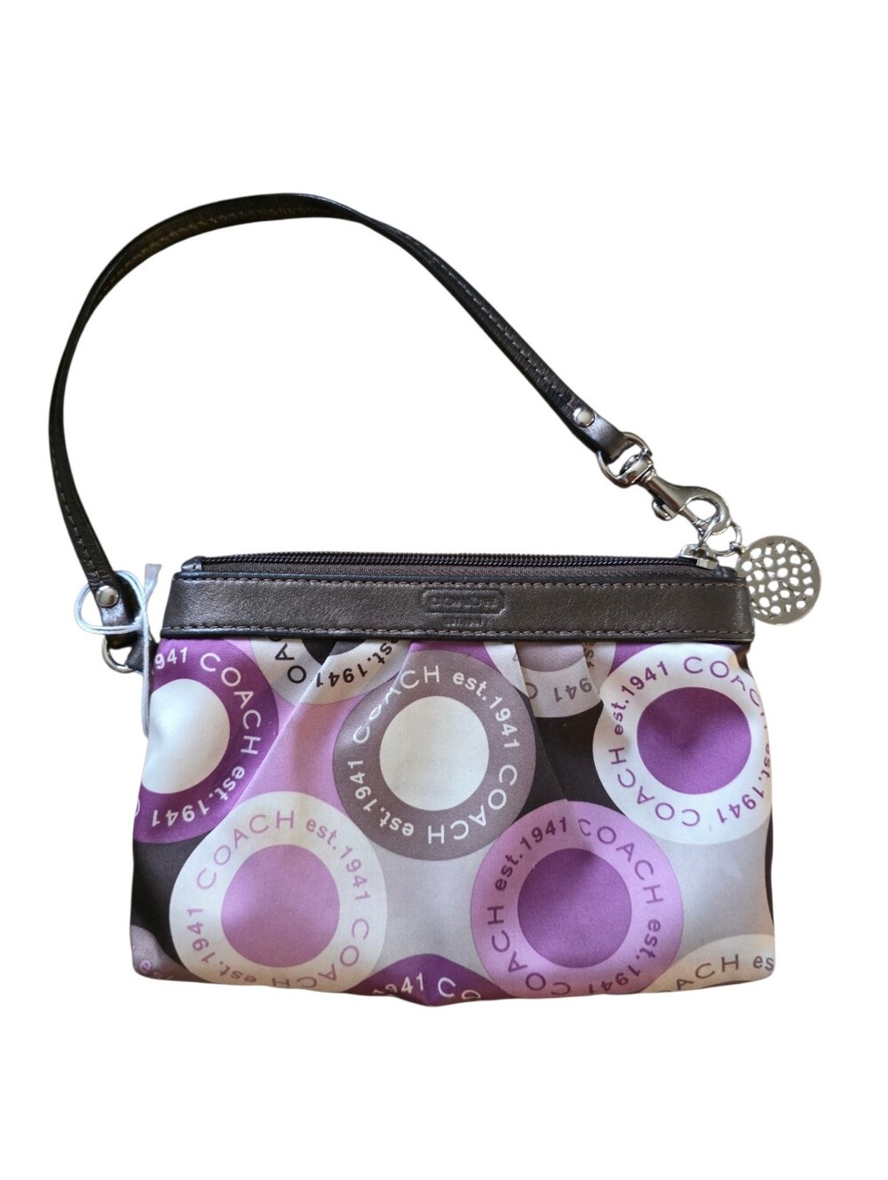 Coach Purple Circle Print Wristlet with Brown Trim